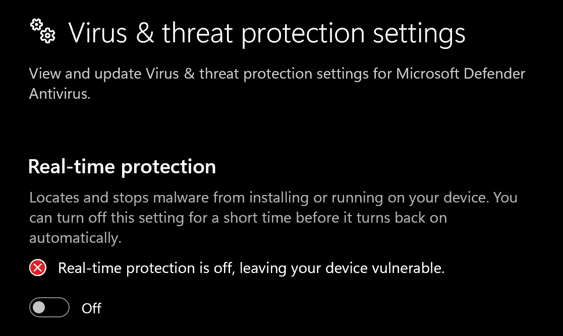 Real-time protection turned off in Virus and threat protection settings