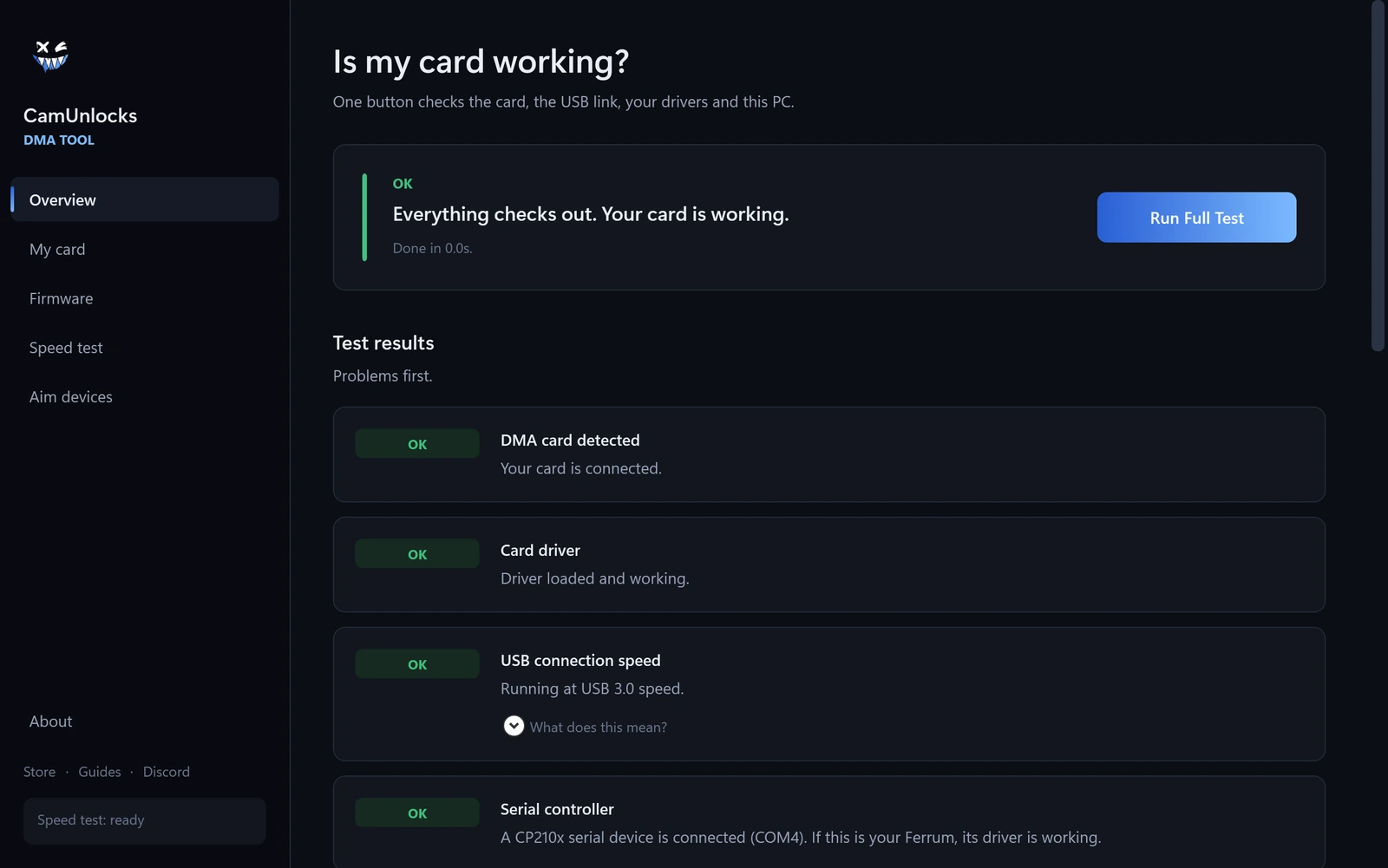 The Overview page after a full test, with every check passing