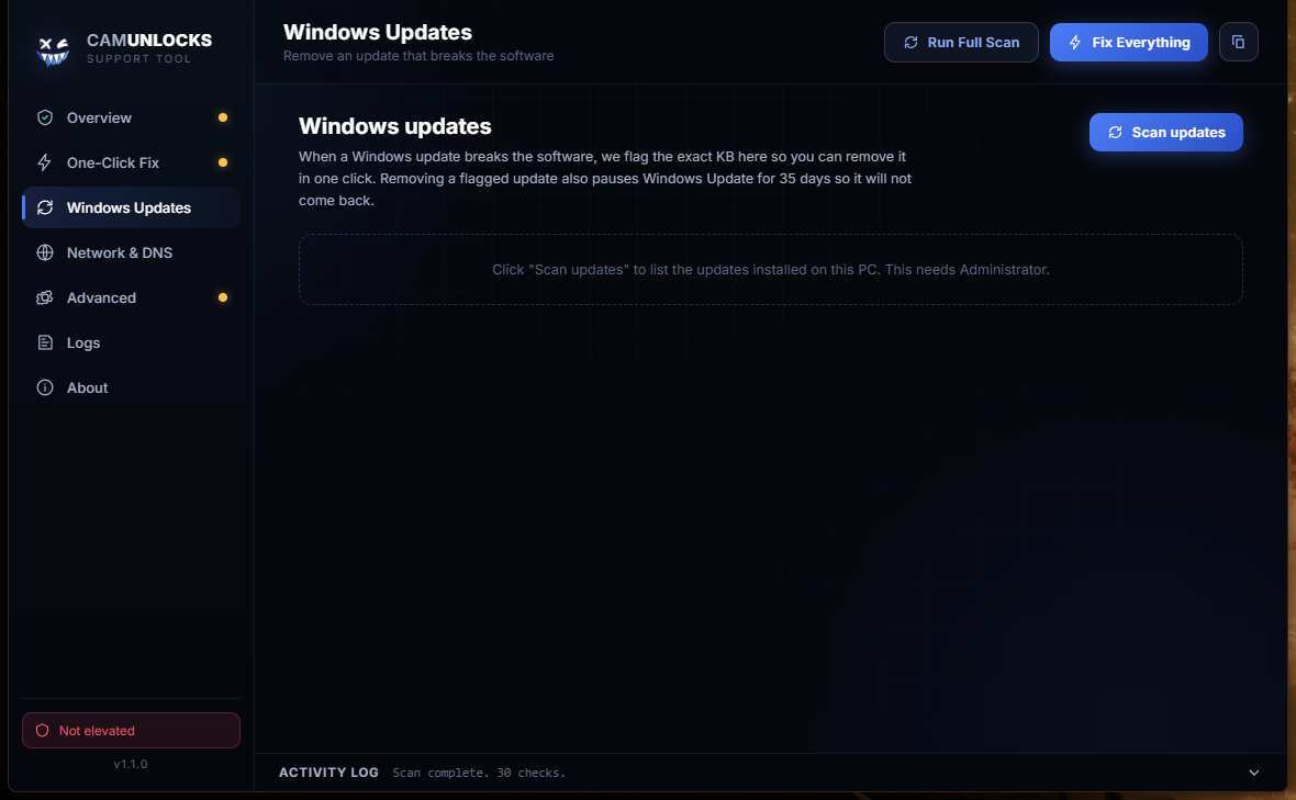 The Windows Updates tab