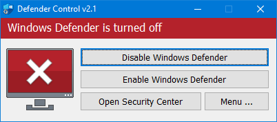 Defender Control showing Windows Defender is turned off