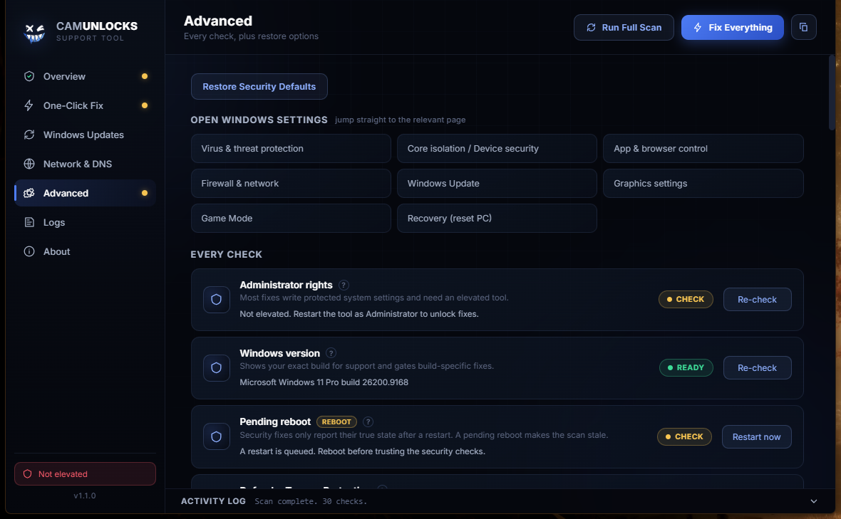 The Advanced tab with Windows settings shortcuts
