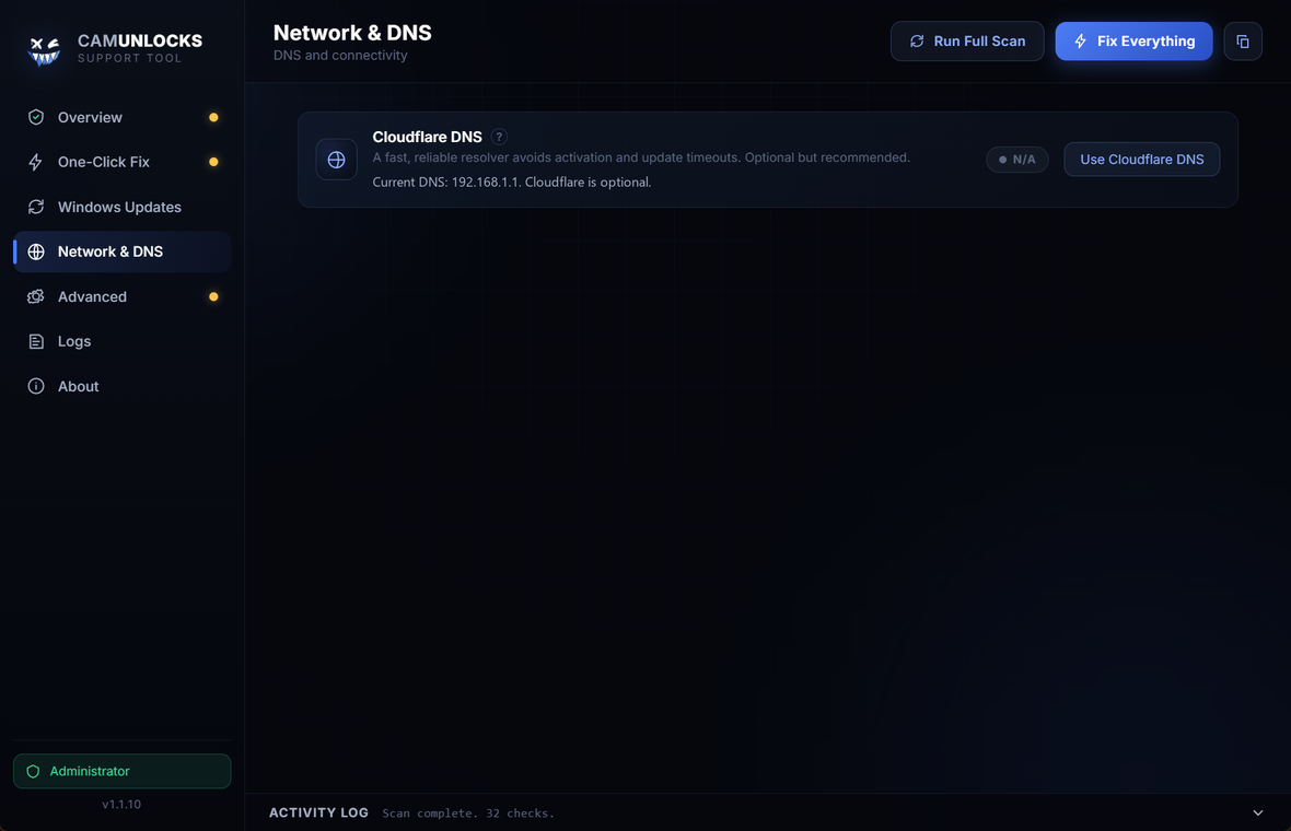 The Network and DNS tab with the Cloudflare DNS option